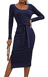 PRETTYGARDEN Women’s Long Sleeve Square Neck Slit Bodycon Midi Sweater Dress Tie Waist Ribbed Knit...