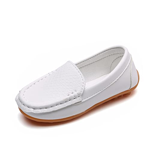 Minetom Kinder Mokassins Bootsschuhe Mädchen Flache Halbschuhe Jungen Weich Loafers rutschfest Oxfords Slippers Bequem Lauflernschuhe Slip On Freizeitschuhe A Weiß 24 EU