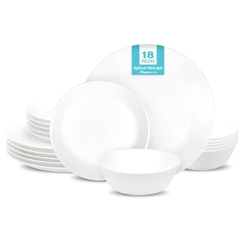 La Mejor Selección de Vajillas de ceramica del mes. 50 MAGMALIFE Vajilla de Vidrio Opal 6 personas (18 Pzs), Juego de Platos de Ultra Alta Resistencia: 6 Extendidos, 6 para Postre y 6 Hondos, Microondas y Lavavajillas, Facil de Lavar...