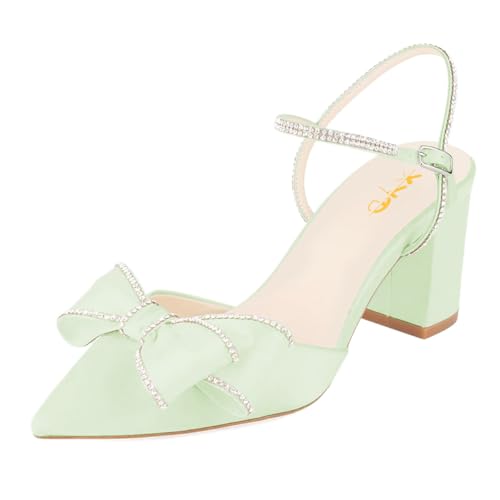 XYD Women Block Chunky Mid Heels Sparkling Ankle Strap Wedding Bowknot Pumps Pointed Toe Dress Shoes