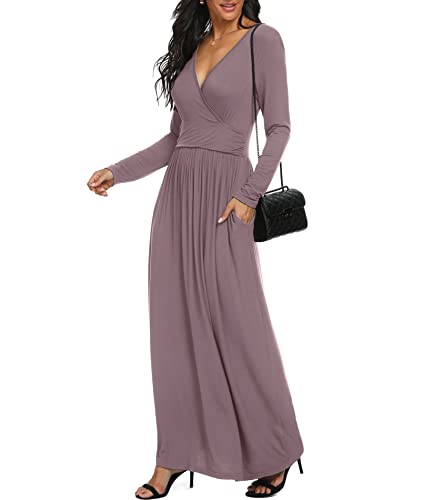 Image of LILBETTER Women Long Sleeve Deep V Neck Loose Plain Long Maxi Casual Dress