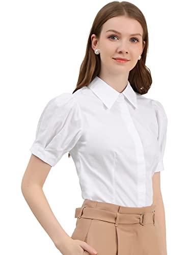 Allegra K Women's Work Office Button Down Shirt Puff Sleeve Collared Short Sleeve Fashion Top