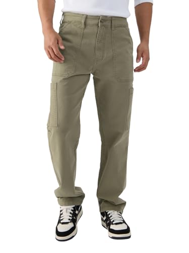 Image of The Souled Store Solids: Men and Boys Cotton Blend Straight Fit Cargo Jeans Jeans for Men Regular Fit Mens Free Pants Comfortable Stretchable Trousers Formal Buttoned Waist Casual Vintage