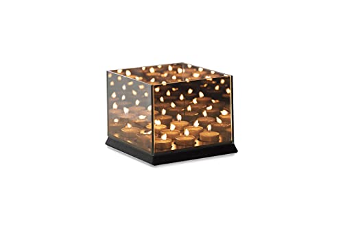 LIFA LIVING 9 Teelicht Halter schwarz mit 3D-Effekt verspiegelt, Kerzenhalter mit Lichtermeer Optik, Teelichthalter mit Spiegelung, Windlicht, Holz