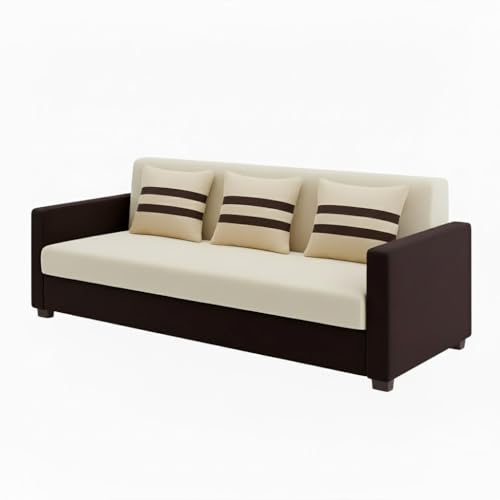 Image of FURNY Lifestylio 3 Seater Fabric Sofa Set (Cream-Dark Brown) Premium Velvet Finish | Ideal for Living Rooms, Offices