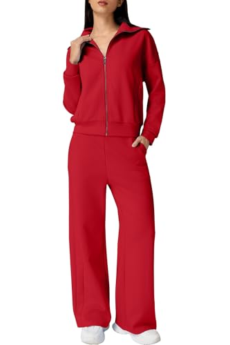 QINSEN Womens 2 Piece Sets Zip Up Lapel Long Sleeve Sweatshirt High Waist Wide Leg Pants Tracksuit Red M