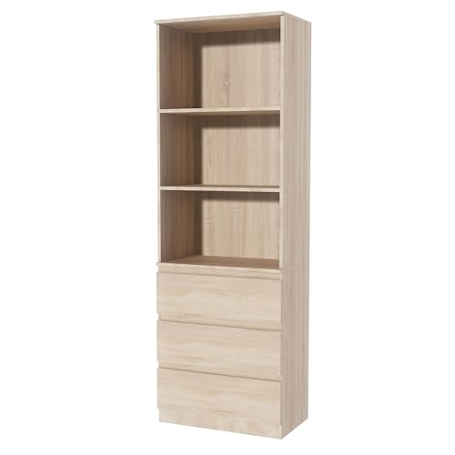 Nera Tall Wooden Bookcase with Shelving and Drawers Standing Shelf for Office Living Room Storage Organiser (Sonoma Oak)