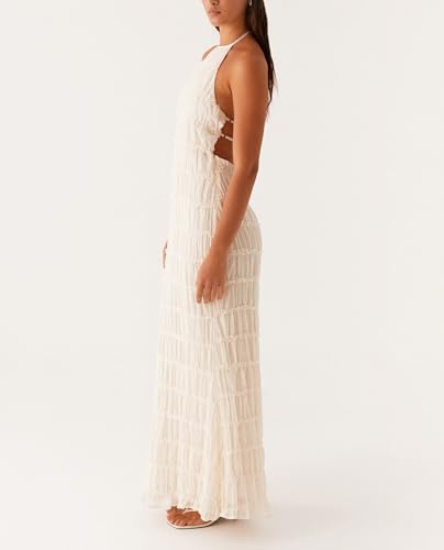 Flowy Boho Beach Dress for Women Halter Backless Smocked Vacation Long Dress Sexy Off Shoulder Resort Maxi Sundress2