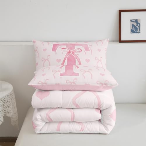 Erosebridal Pink Bow Knot Bedding Set Full Size for Women Teen Girls Girly Romantic Love Hearts Comforter Set Watercolor Letter T Comforter Soft Dreamy Princess Room Decor Fairy Duvet Quilt by Erosebridal - Image 5