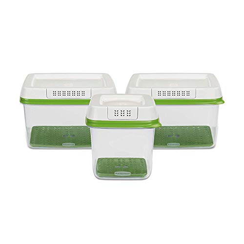 Rubbermaid 3-Piece Produce Saver Containers for Refrigerator with Lids for Food Storage, Dishwasher Safe, Clear/Green