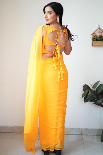 Image of StyleScope Women's Plain Georgette Ready To Wear One Minute Saree With Unstitched Blouse Piece (Kalki)