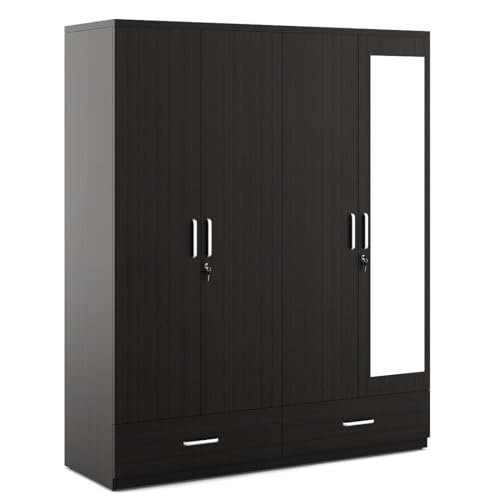 Image of Spacewood Linden Wardrobe | 3 Year Warranty | Almirah, Cupboard, Almari, 4 Door Wardrobe with Mirror, 3 Drawer (1 Lock Drawer) and 2 Hanging Space & 1 Internal Locker |Engineered Wood| Natural Wenge