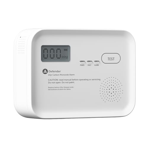 Image of Defender 10 Year Carbon Monoxide Alarm BSI Rated - Battery Powered CO Detector - Carbon Monoxide Monitor LCD Digital Display - EN50291 Standard