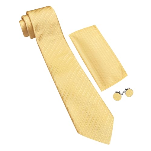 Image of Barry.Wang Solid Striped Tie for Men Silk Necktie Pocket Square Cufflinks Formal Wedding Party Business
