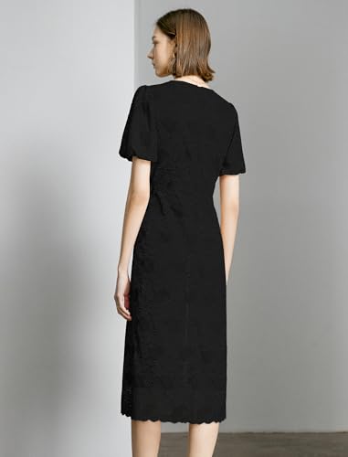 Image of Women's Lace Floral V-Neck Dress with Puff Sleeves and Back Zipper, Elegant and Romantic Design