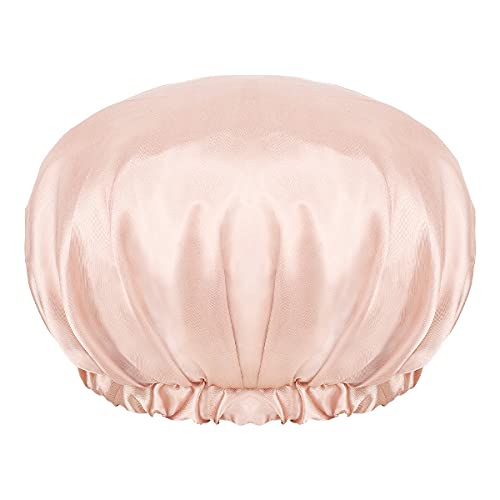 Auban Extra Large Shower Cap, Bowknot Double Layer Reusable Bath Hair Caps With Silky Satin for Women Beauty Bathing, Hair Spa, Home Hotel Travel Use (Beige)
