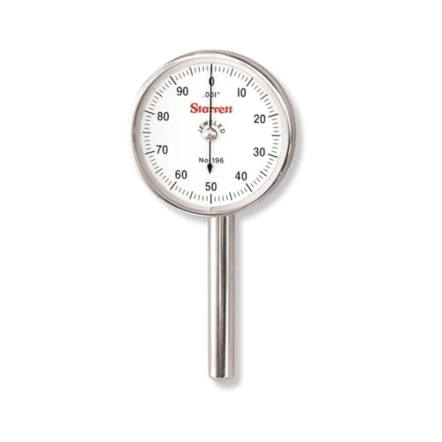 Starrett 196A5Z Universal Dial Indicator, Back Plunger, White Dial, 0-50-0 Reading, 0-0.2" Range, 0.001" Graduation
