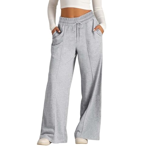 Pantaloni della tuta da jogging da donna, tinta unita, vestibilità ampia, gamba larga, pantaloni casual con coulisse per palestra, sport, corsa, allenamento, atletica, Grigio, L