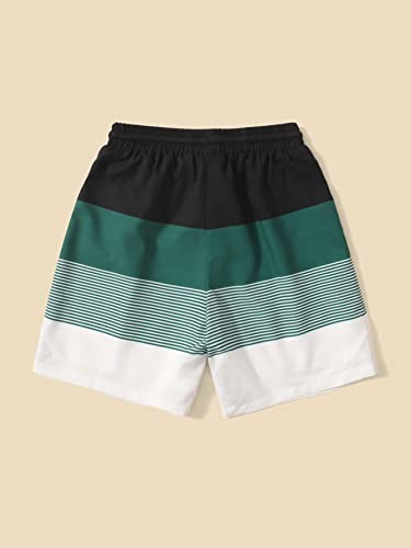 Makemechic Boy's Beach Shorts Swim Bottom Striped Color Block Drawstring Waist Swim Trunks Green 150 #TOP1