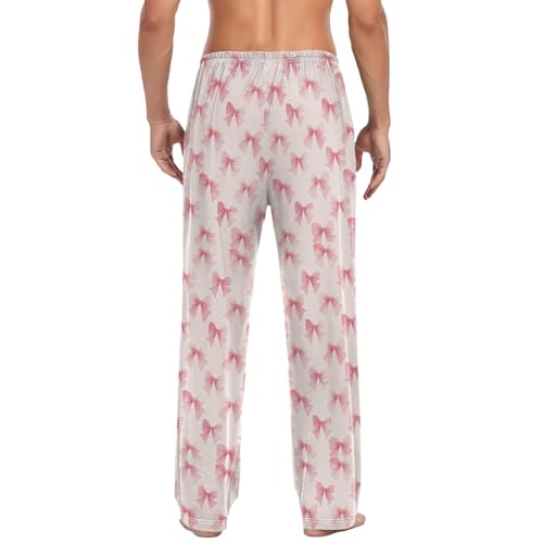 Men’s Pink Bow Pajama Pants with Pockets, Comfortable Lounge Sleep Bottoms#9732