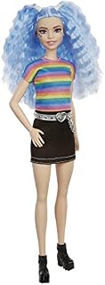 Barbie Fashionistas Doll #170 with Long Blue Crimped Hair, Star Face Makeup, Multi-colour Striped Tee, Denim Skirt, Black Boots & Silvery Chain Belt, Toy for Kids 3 to 8 Years Old, GRB61