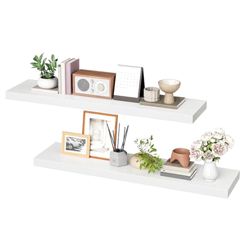 Image of HOOBRO Floating Shelves for Wall, Wall Mounted Shelf Set of 2, 31.5 inch Hanging Shelf with Invisible Brackets, for Wall Decor Storage in Bathroom Bedroom Kitchen Living Room Office, White WT80BJP201