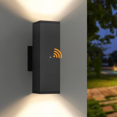Image of 1 Pack Dusk to Dawn Outdoor Wall Light, LED Front Porch Light Fixture,Black | Bulb Incl., Aluminum, Black Exterior Wall Sconce 3000K, Up Down lights IP65 Waterproof Sensor Outdoor House Lights for Garage