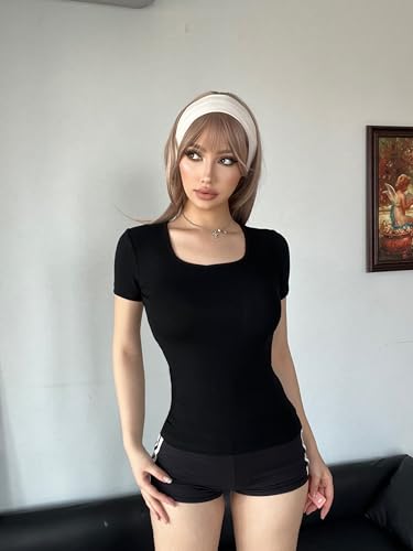 5 Pack Short Sleeve for Womens Square Neck T Shirts Fashion Casual Basic Tees Tops Summer Outfits Clothes 20252
