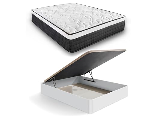 HOGAR24 ES | Pack Colchón Viscoelástico Bio Deluxe Premium 25 + Canapé Madera Abatible Gran Capacidad | Color Blanco | Medida: 135x190 cm