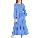 Girls Tiered A-Line Maxi Dress - Solid Color Loose Crew Neck Long Sleeve Swing Dress with Pockets for 4-15 Years