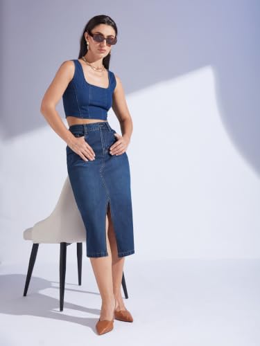 Image of Miss Chase Women's Regular High Rise Above Knee Stretchable Denim Skirt