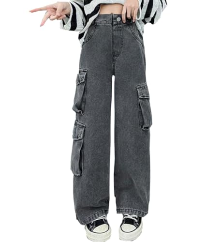 Kids Girls Casual High Waist Wide Leg Denim Pants Cargo Pants Straight-Leg Jean Pants with Large Pockets2