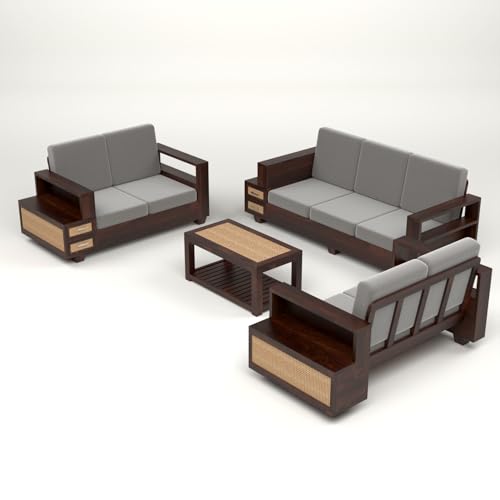 Image of Sheesham Wood 7 Seater Sofa Set with 2 Drawer Storage | 3+2+2 Wooden Sofa Set Furniture for Living Room Home Office (Natural Cane,Walnut Finish)
