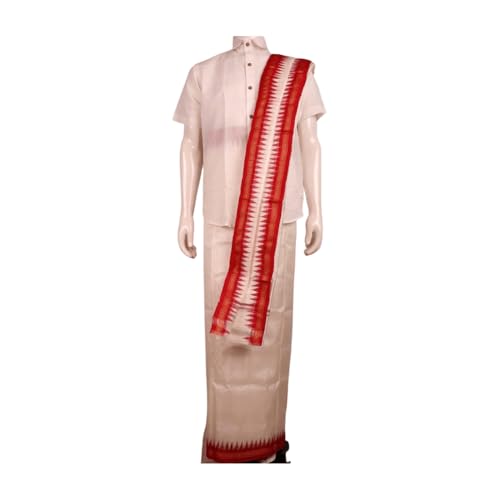 Image of Authentic Sambalpuri Handloom Cotton Unstitched Dhoti with Utari for Men | Traditional Odisha Weave Ikat Dhoti for Festive & Religious Wear