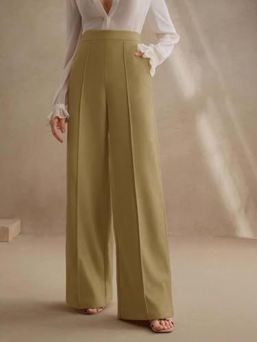 Image of KOTTY Women's High Waist Flared Wide Leg Trousers - Stylish Cotton Linen Palazzo Pants for Office Wear, Casual, and Straight fit
