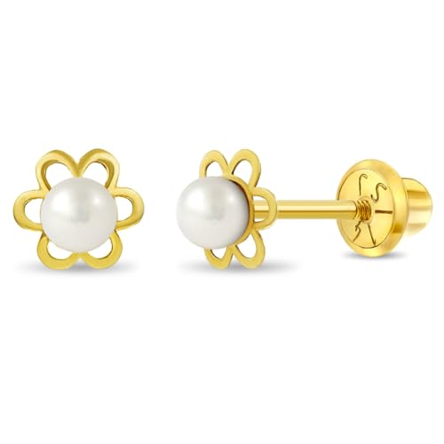 14k Yellow Gold 5mm Cultured Pearl Flower Screw Back Earrings for Little Girls, Floral Stud Earrings for Infants, Toddlers & Young Girls - Tiny Flowers Stud for Kids