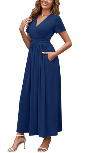 WEACZZY Womens Maxi Dresses 2026 Wrap Empire Waist Holiday V Neck Short Sleeve Long Dress Hawaiian Maternity Summer Sundress with Pockets,Navy Blue,Medium — view 4