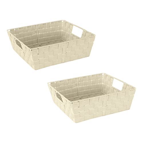 Image of Simplify Large Shelf Woven Strap Tote | Decorative Storage Basket | Built in Handles | Organization | Closet | Bedroom | Bathroom | Nursery | Accessories | Toys | Gifts | 2 Pack | Ivory