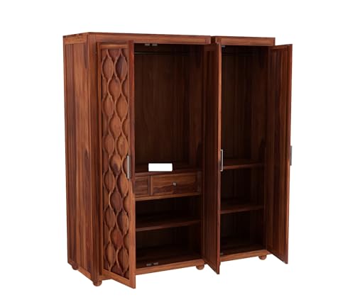 Image of Wooden 3 Door Wardrobe for Clothes with 2 Drawer 6 Shelf Storage & Hanging Space - Sheesham Wood Almirah for Bedroom - Solid Wood Large Cupboard (Honey Finish)