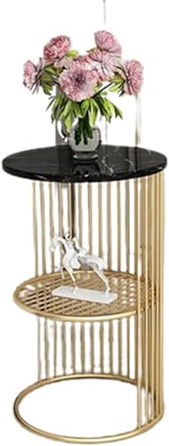 サイドテーブル 大理石 テーブル おしゃれ ゴールド 玄関 モダン 高級 花台 収納 ベッドサイド 丸型錬鉄北欧 北欧のコーヒーテーブル 2層の丸い リビングルームとベッドルーム用の保管棚付きエンドテーブル 高荷重 北欧デザイン 2層収納 モダンインテリア