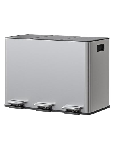 GarveeHome 3-in-1 Stainless Steel Recycling Trash Can, 3 x 4 Gallon (12 Gal Total) Triple Compartment Kitchen Garbage Bin with Soft-Close Step Lid, Hands-Free Waste Sorting for Home, Silver
