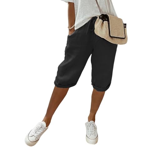 Capri Pants for Women Summer Casual Plus Size Cotton Linen Pants Elastic Drawstring Rolled Hem Shorts with Pockets