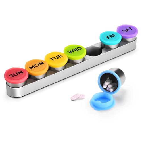 Weekly Metal Pill Case 7 Day Stainless Steel Pill Box Organizer for Travel Waterproof Medicine Container Portable Daliy Pill Holder for Vitamins Fish Oils (Small)