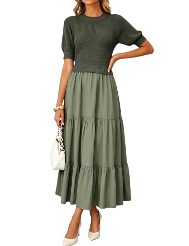 Huaqiao Womens Crew Neck Sweater Dress Tiered Ruffle Dress(ArmyGreen-S)