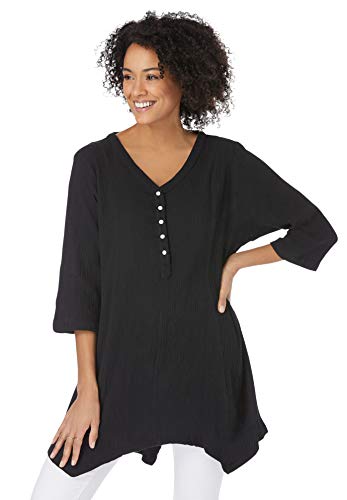 Woman Within Women's Plus Size V-Neck Henley Tunic - L, Black #TOP16