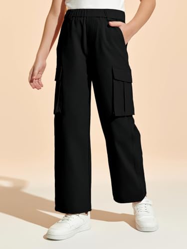 Haloumoning Girls Cargo Pants Casual Baggy Wide Leg Elastic Waist Jogger Trousers with Pockets 5-14 Years2