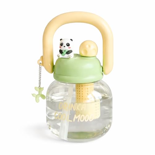 Image of Cute Panda Kids Water Bottle with Straw & Handle, Leakproof Sipper Bottle for Boys & Girls, BPA Free Plastic Unique Water Bottle for School, Travel & Daily Use (Lime Green)