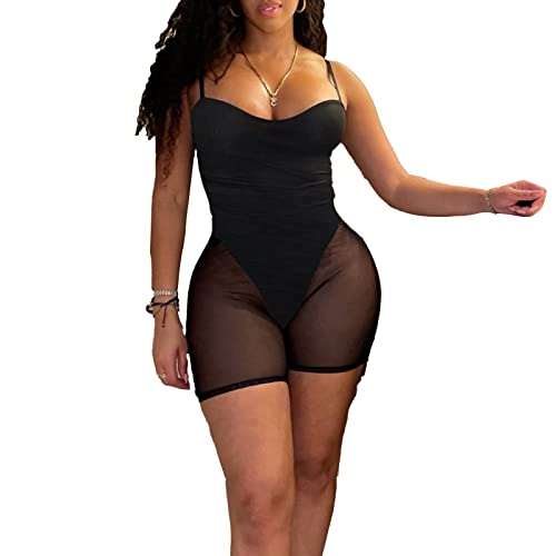 Hibshaby Sexy Outfits For Women Clubwear,Sheer Mesh See Through One Piece Outftis For Women Sexy Spaghetti Strap Shorts Jumpsuit Balck M #TOP21