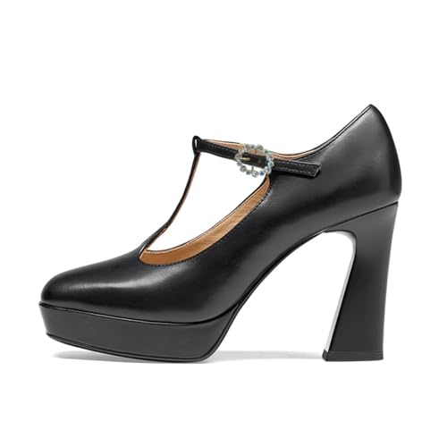 Women Chic Square Toe T-Strap Rhinestone Buckle Platform Pumps Super Chunky High Heel Stylish Party Prom Shoes Size 4-16 US2