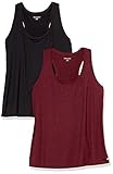 Amazon Essentials Women's 2-Pack Tech Stretch Relaxed-Fit Racerback Tank Top, Burgundy Space dye/Black, Large